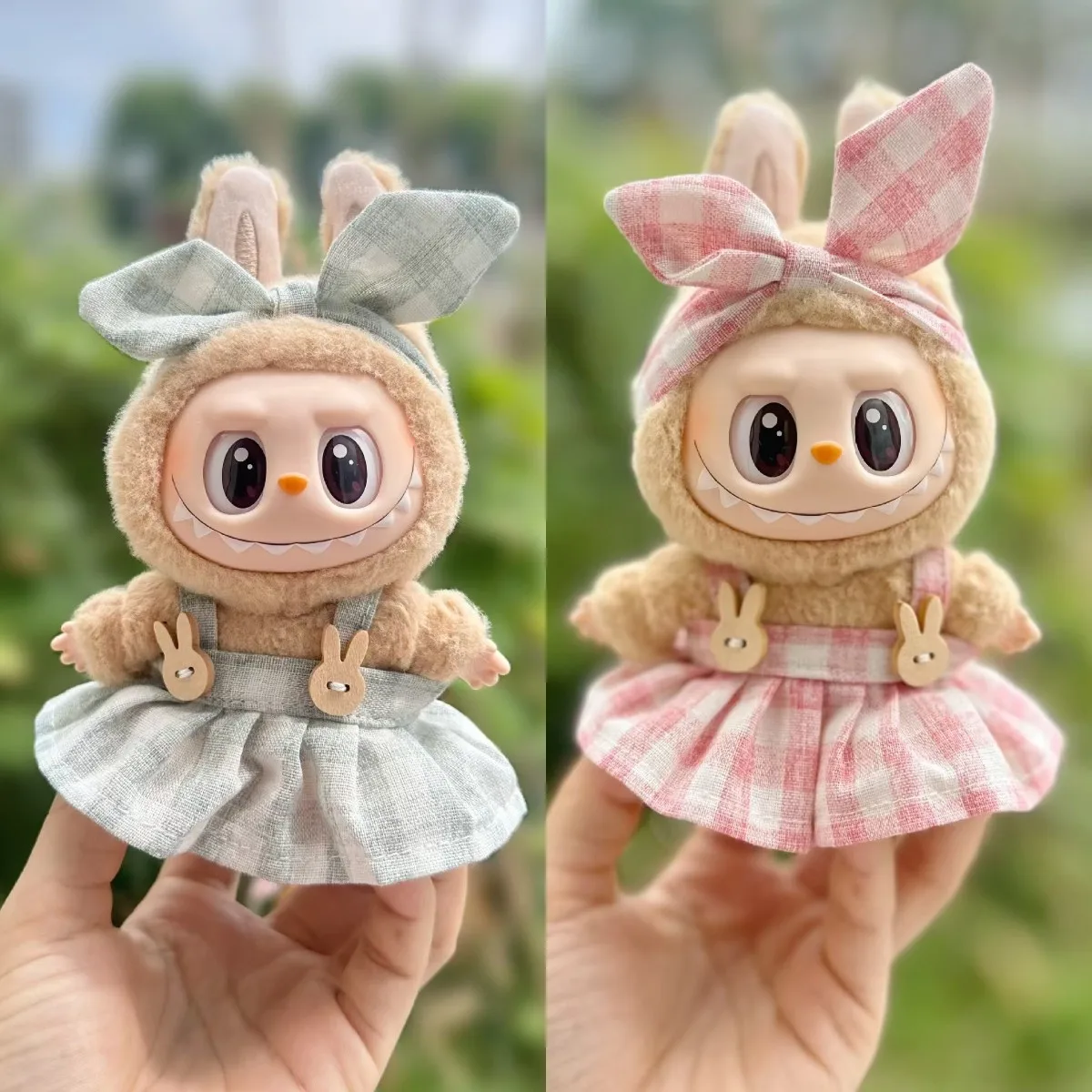 Mini poupées en peluche Labubu I II, vêtements de courses, tenue, jupe à bretelles, Kpop coréen, fête assise, accessoires, 17cm