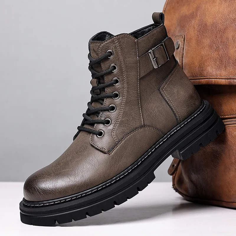 Autumn Winter Leather Platform Boots for Men Fashion Soft-soled Warm Casual Men Work Shoes New Designer Lace Ankle Boots Male image 4