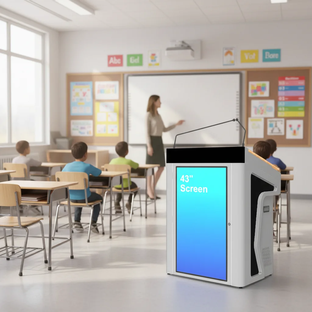 Integrated Audio System Digital Podium with Silent Sliding Cover 10-Point Touch Smart Multimedia Lectern for Conference