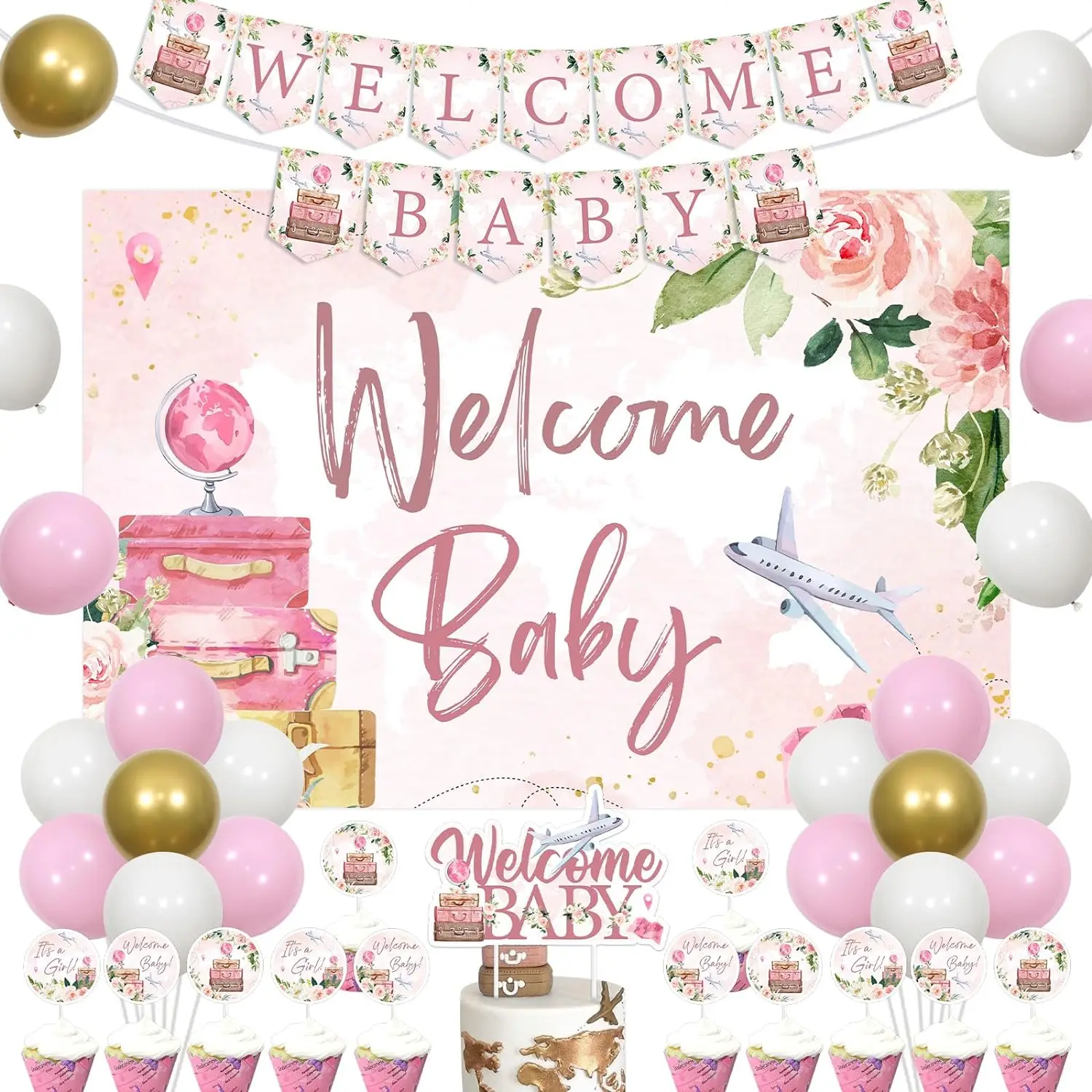 

Travel Welcome Baby Decor Balloons Backdrop It's A Girl Cake Toppers for Let The Adventure Begin Adventure Awaits Baby Shower