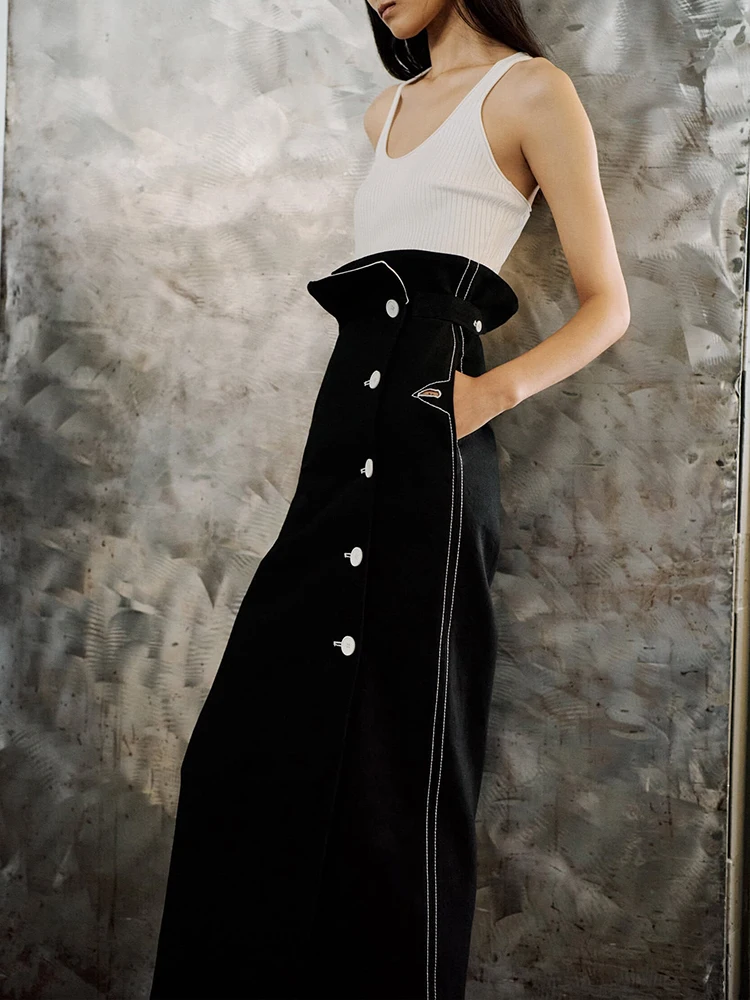 Double-layer contrasting pattern floral high-waisted mid-length skirt with metal fastening trim, slim-fit pencil-style dress