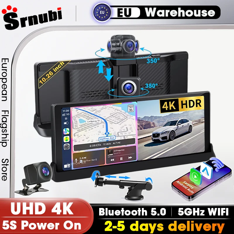 Srnubi Cámara para Coche con Lente Giratoria de 10.26 Pulgadas, Grabador de Video 4K, DVR para Coche, CarPlay Inalámbrico, Android Auto, Navegación GPS, Estilo Original del Coche