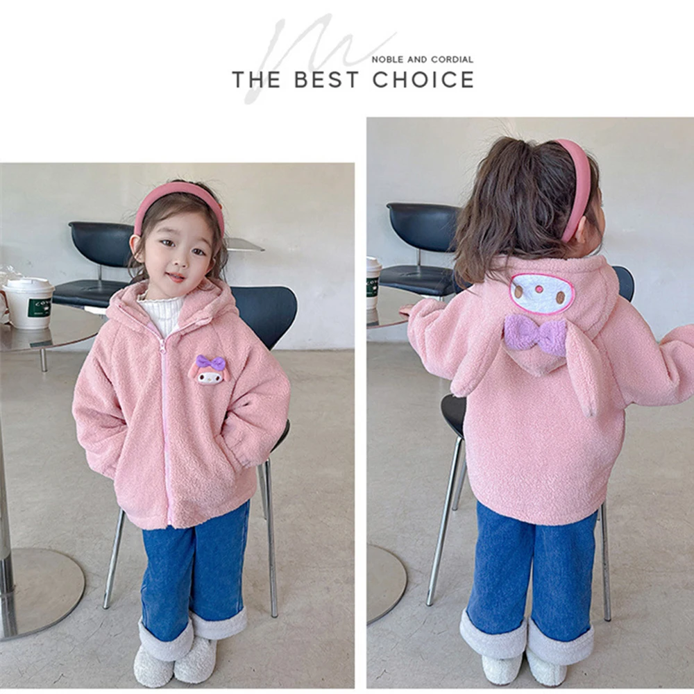 2023 New Winter Autumn Sanrioed Anime Kuromi My Melody Fleece Hooded Jacket Lamb Swool Girl Kawaii Cartoon Top Kids Warm Clothes