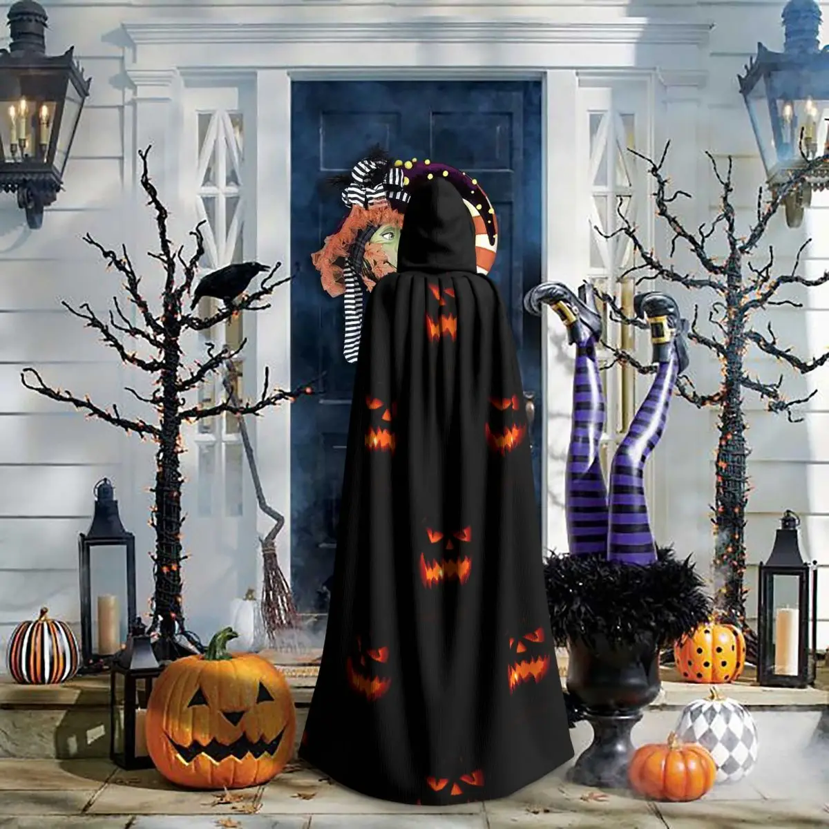 Spooky Pumpkin Cloak with Bright Orange Design for Halloween Unisex Adult Cloak with Hood Long Witch Costume Cosplay