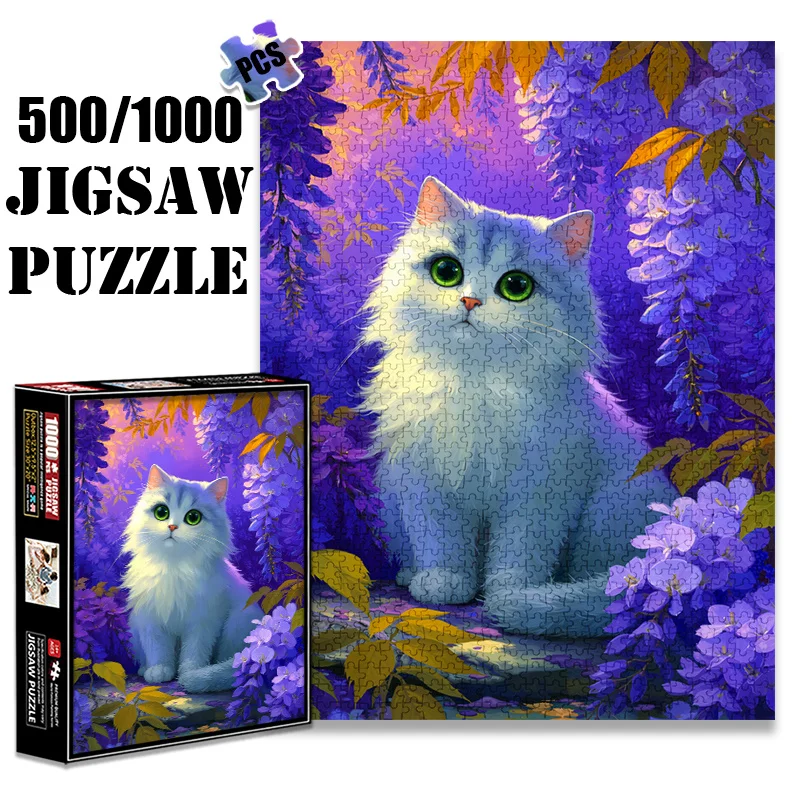 

1000pcs Adult Puzzle 27.56x19.69inch Large Size Dreamy Style Cat Purple Wisteria Garden Paper Puzzle 500pcs Suitable for Adult