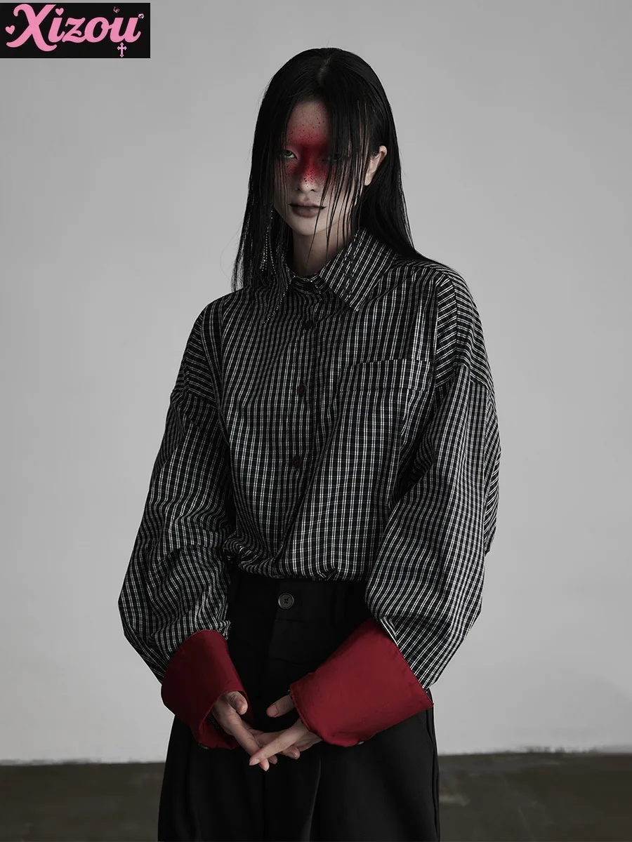 

Original Black Flip Sleeves Color Matching Striped Shirt Top Women's Sweet Cool Spring Autumn Kale Cotton Polo Collar Shirt Girl