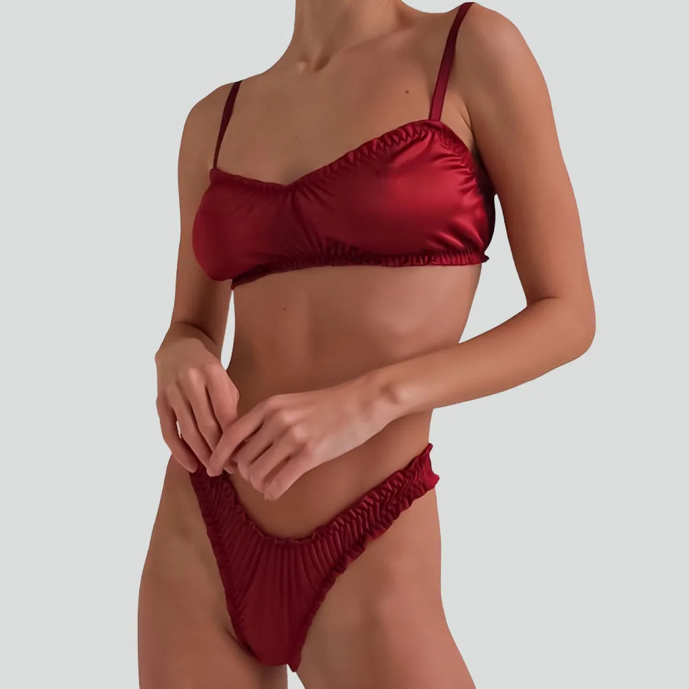 Sexy Lingerie Set Solid Color Ruching Bra thong Comfortable Daily Wear Women's Underwear 2PCS INS Style Elegant Lingerie Set