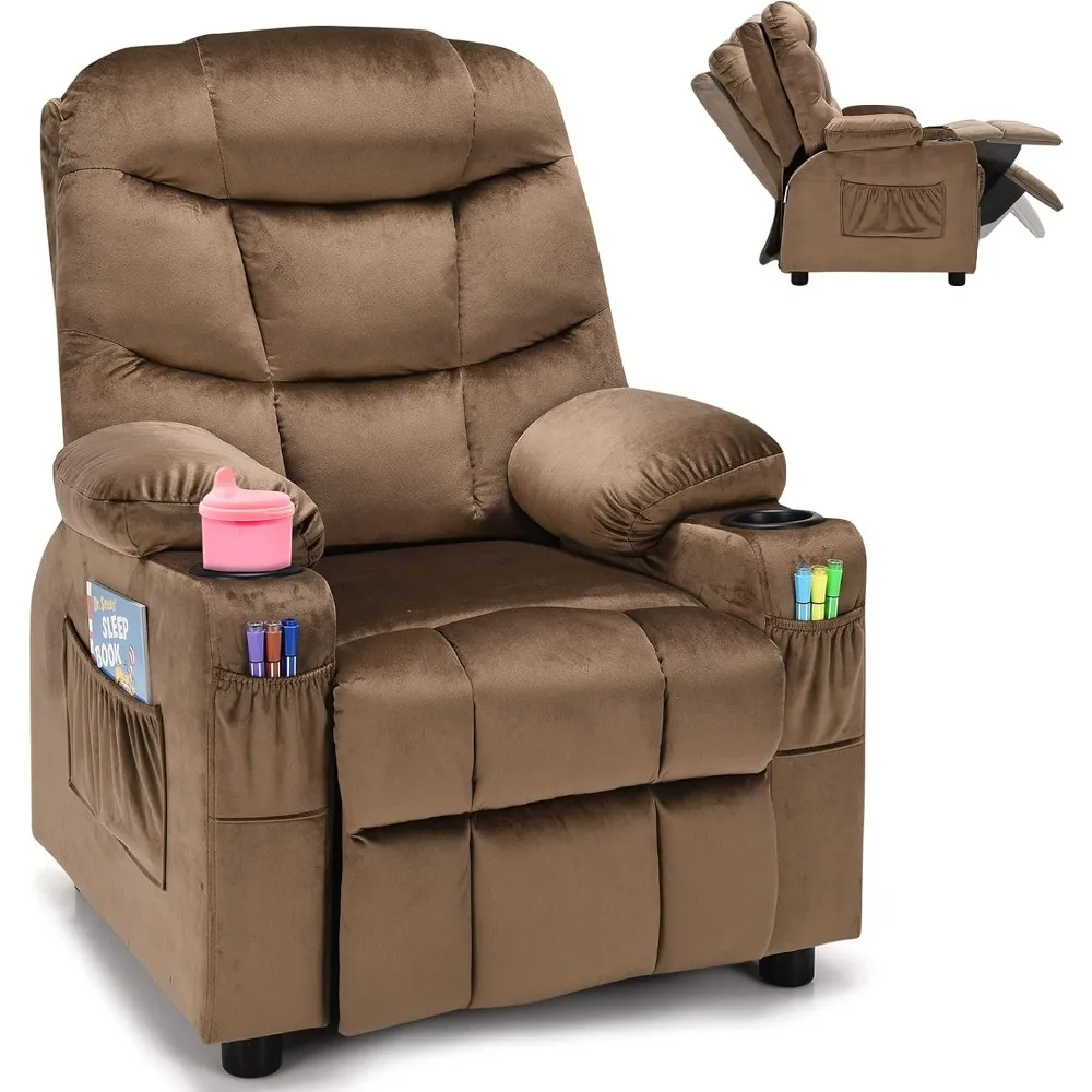 Kids Recliner Chair with Cup Holder, Adjustable Velvet Lounge Chair w/Footrest & Side Pockets for Children Boys Girls Room