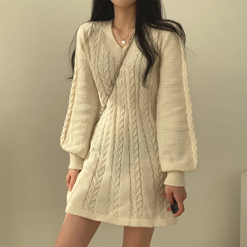 Short Extreme Mini V Neck Knit Loose Crochet Clothing Female Dress Women's Dresses Trendy Autumn and Winter Promotion Cotton