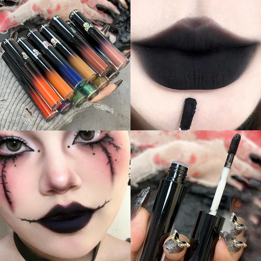 12 Color Lipstick Matte Lasting Lip Gloss Moisturizing Non-stick Cup Halloween Party Purple Blue Black Highly Pigments Lip Glaze