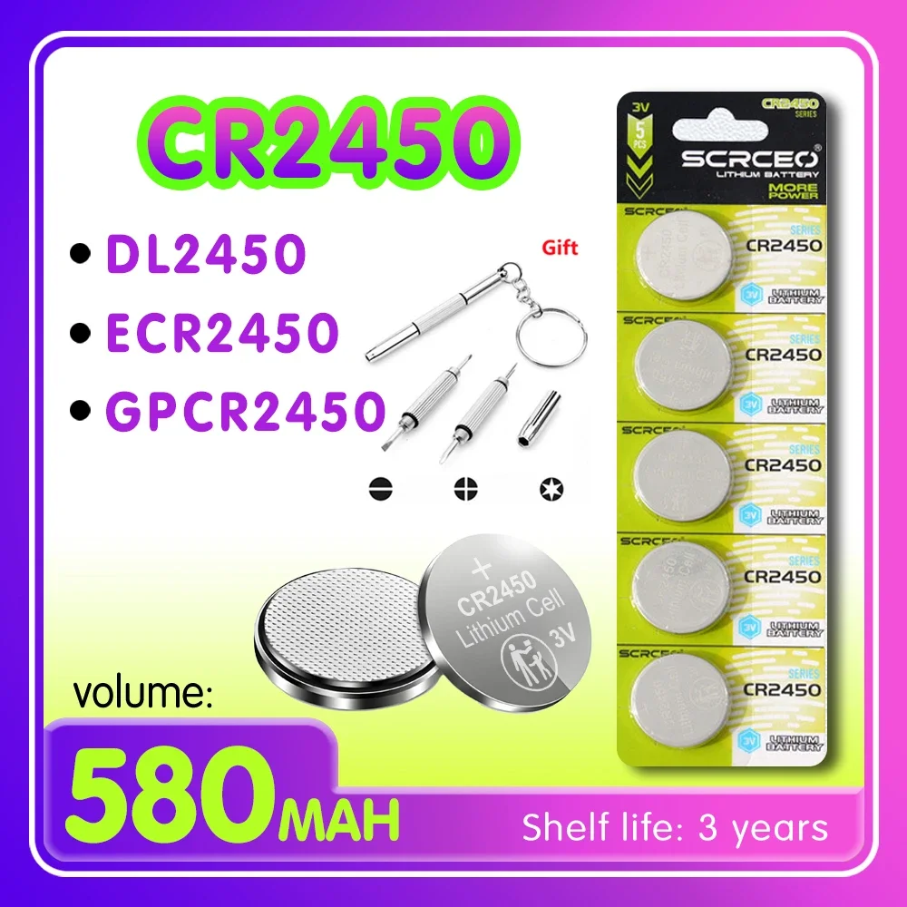 2 pièces-10 pièces CR2450 DL2450 ECR2450 GPCR2450 1.5V pile bouton au lithium dioxyde de manganèse, adaptée aux calculatrices, montres