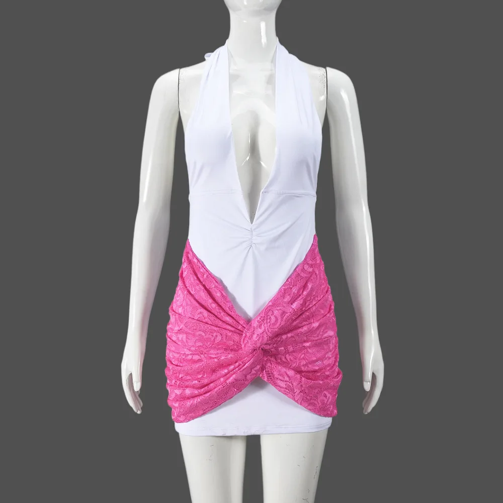 Vrouwen Sexy Twist Kant Patchwork Ruches Bodycon Mini Jurk Diepe V-hals Lace Up Halter Backless Slanke Nacht Clubwear Streetwear