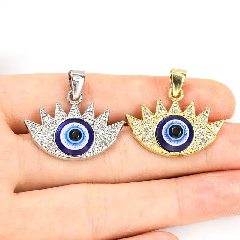 1pcs Resin Fatima Evil Eye Charms Turkish Eye Shape Gold Silver Color Alloy Rhinestones Pendant DIY Jewelry Necklace Accessories