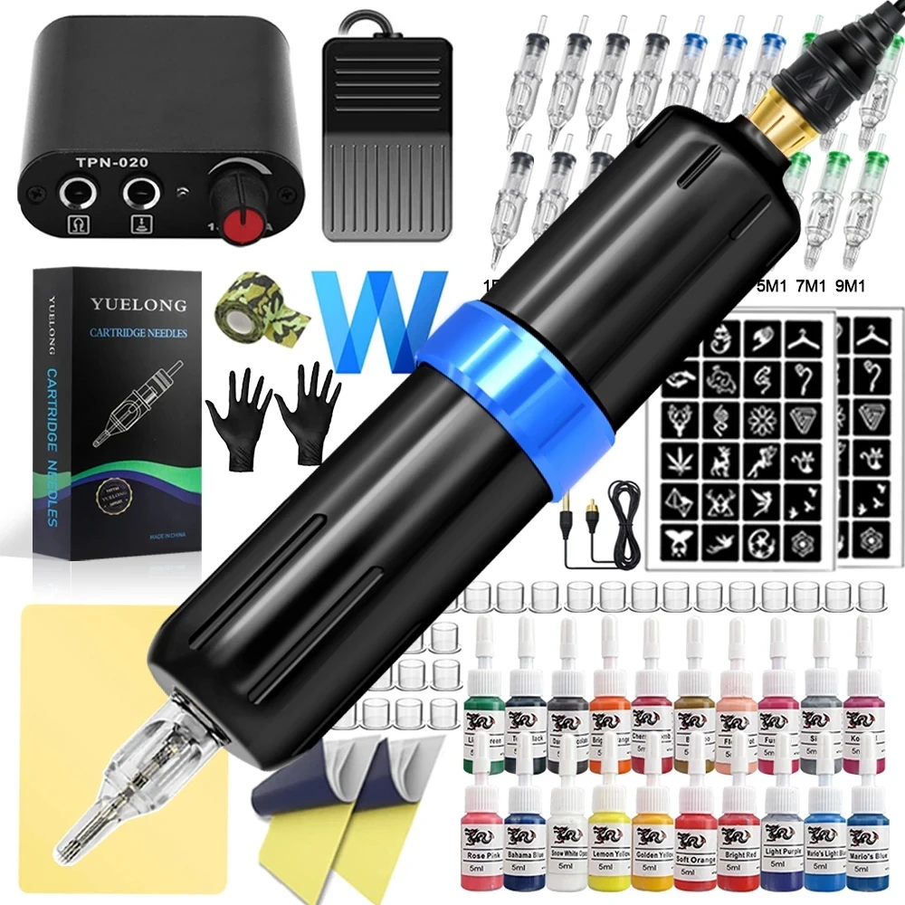 

Complete T2 Tattoo Pen Machine Kit Rotary Tattoo Pen Cartridge Needles Power Supply Inks for Tattoo Permanent Make-up Tools Set