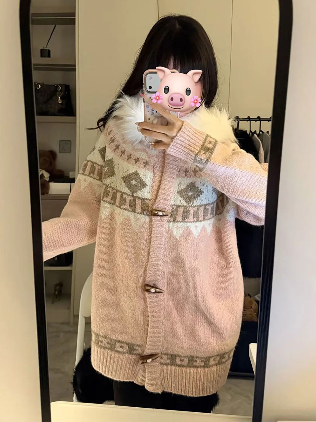 

Soft Knitted Large Fur Collar Hooded Sweater Coat Women's Loose Style Fall Winter New Fashion Comfortable Korean Straight Cut