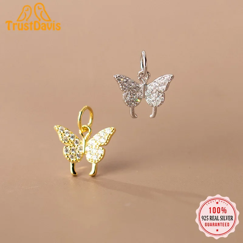 TrustDavis Real 925 Sterling Silver Fashion Sweet Butterfly Zircon Charm Pendant Handmade DIY Accessories Fine Jewelry HY301