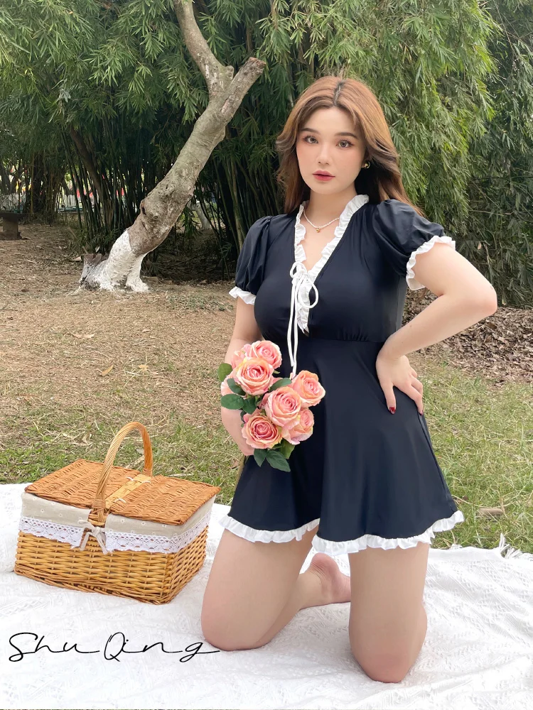 

Купальник Quqing больших размеров для женщин: японский дизайн с юбкой, утягивающие плавки, для термальных источников, скрывающие недостатки фигуры, визуально стройнящие