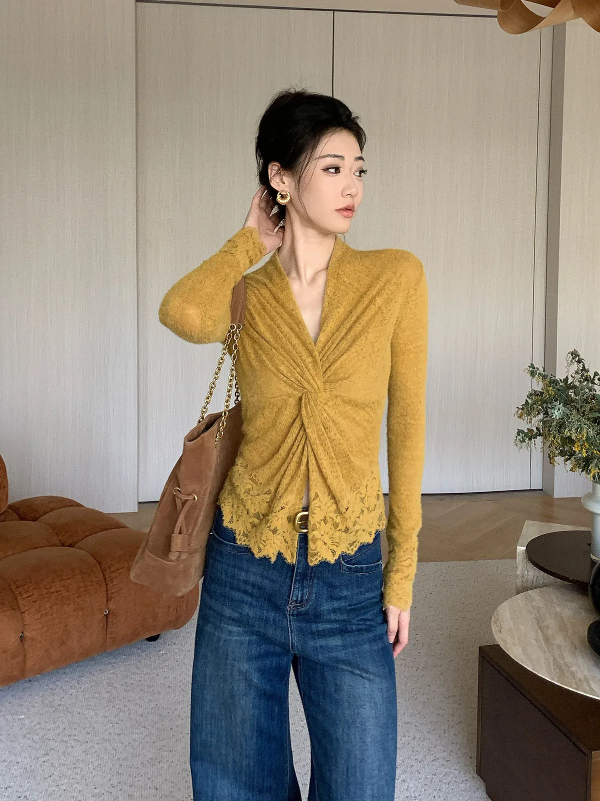 

Женский вязаный свитер Jijinqi с длинным рукавом, V-образным вырезом, приталенный, с узлом, желтый, повседневный, осенне-зимний, базовый слой