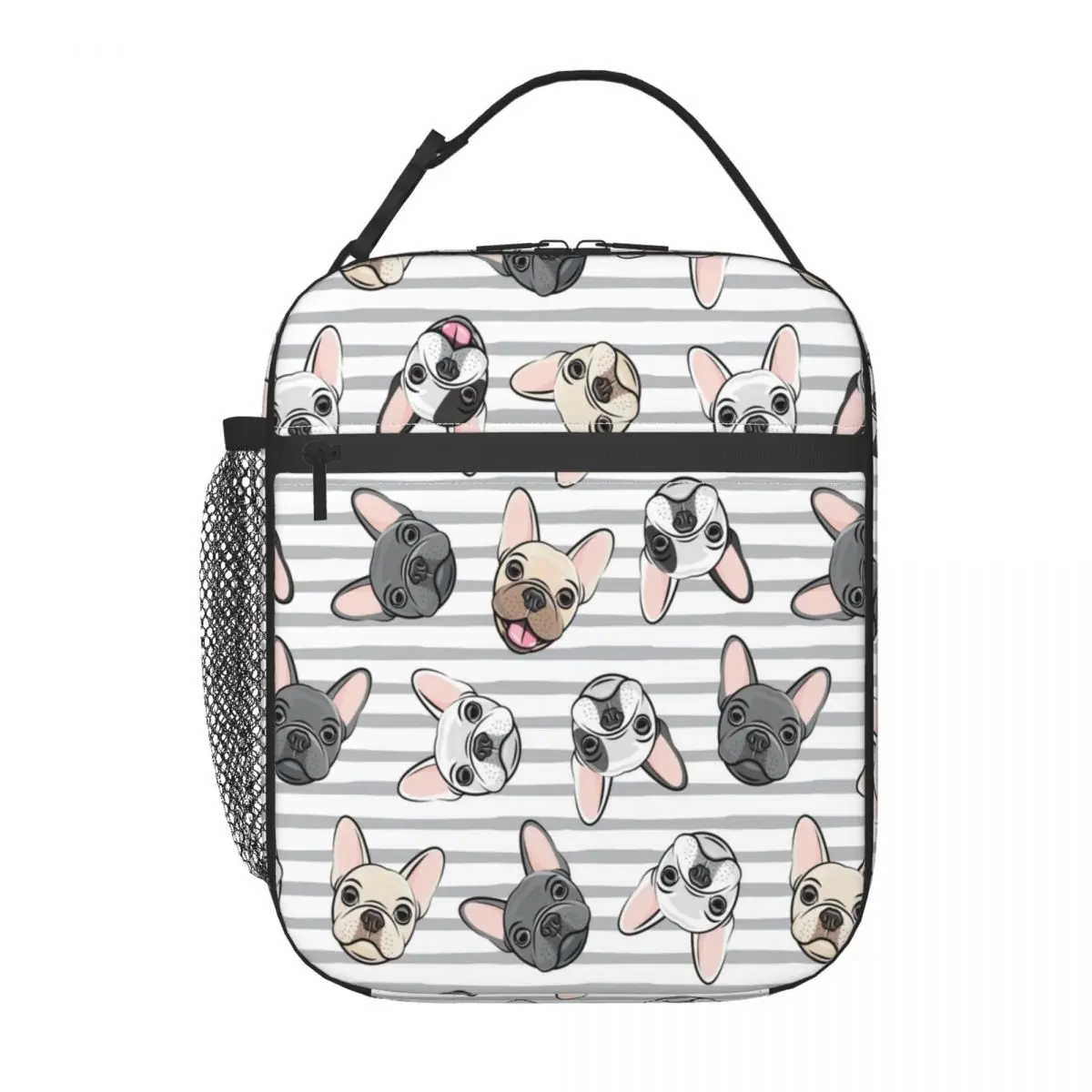 

Custom Grey Stripes Cute French Bulldogs Insulated Lunch Bags Picnic Frenchie Dog Lover Waterproof Cooler Thermal Lunch Box Men