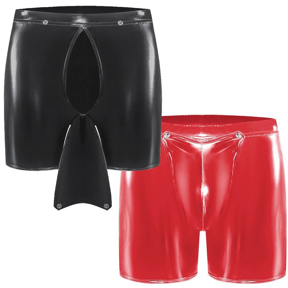 

Men's Sexy Open Crotch Boxers Shorts Casual Male Underpants Shiny Wet Look PVC Leather Trunks Crotchless Bulge Pouch Underwear
