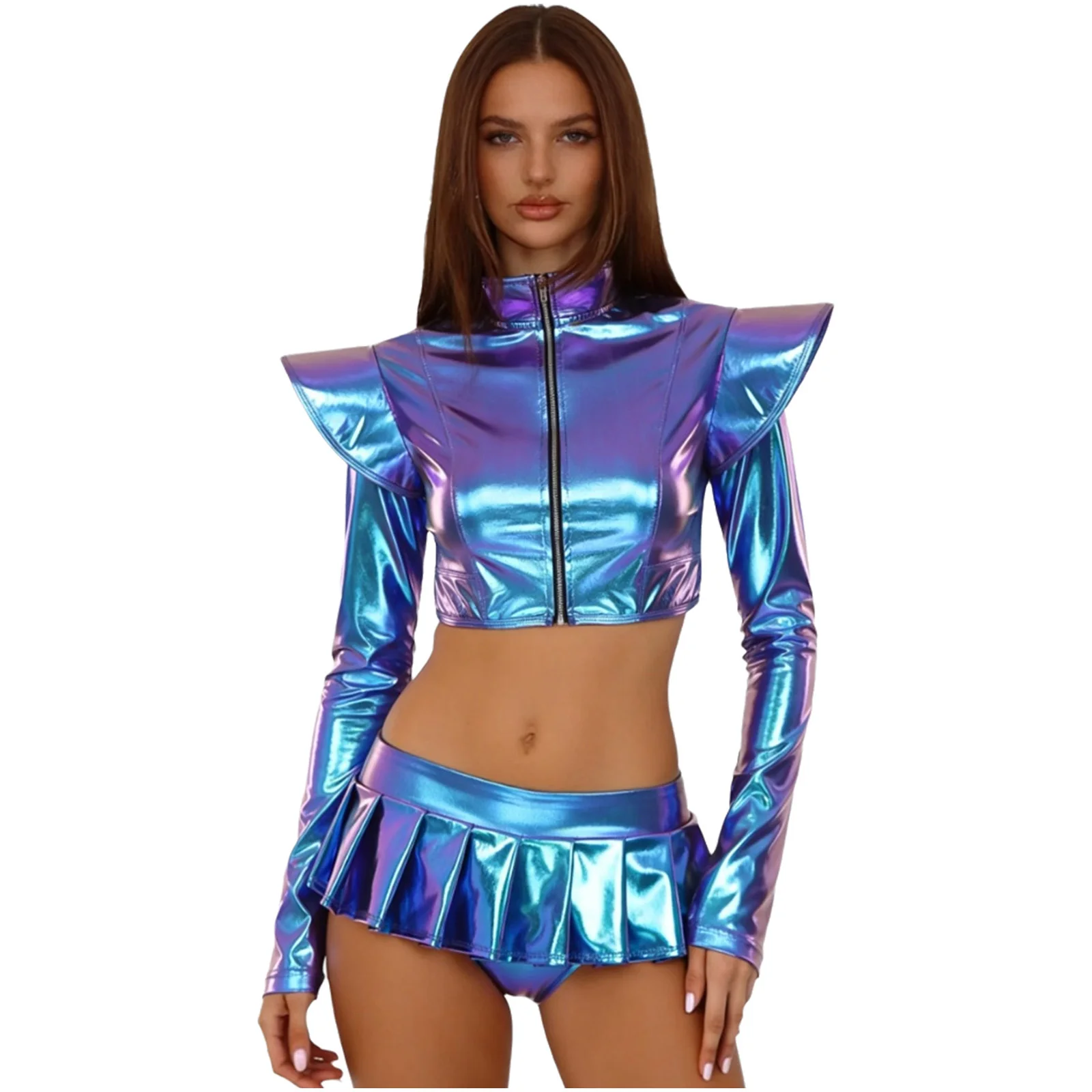 

Women Fashion Alien Astronaut Cosplay Outfit Long Sleeve Boards Crop Jacket And Pleated Mini Skirt Culottes for Club Raves Party