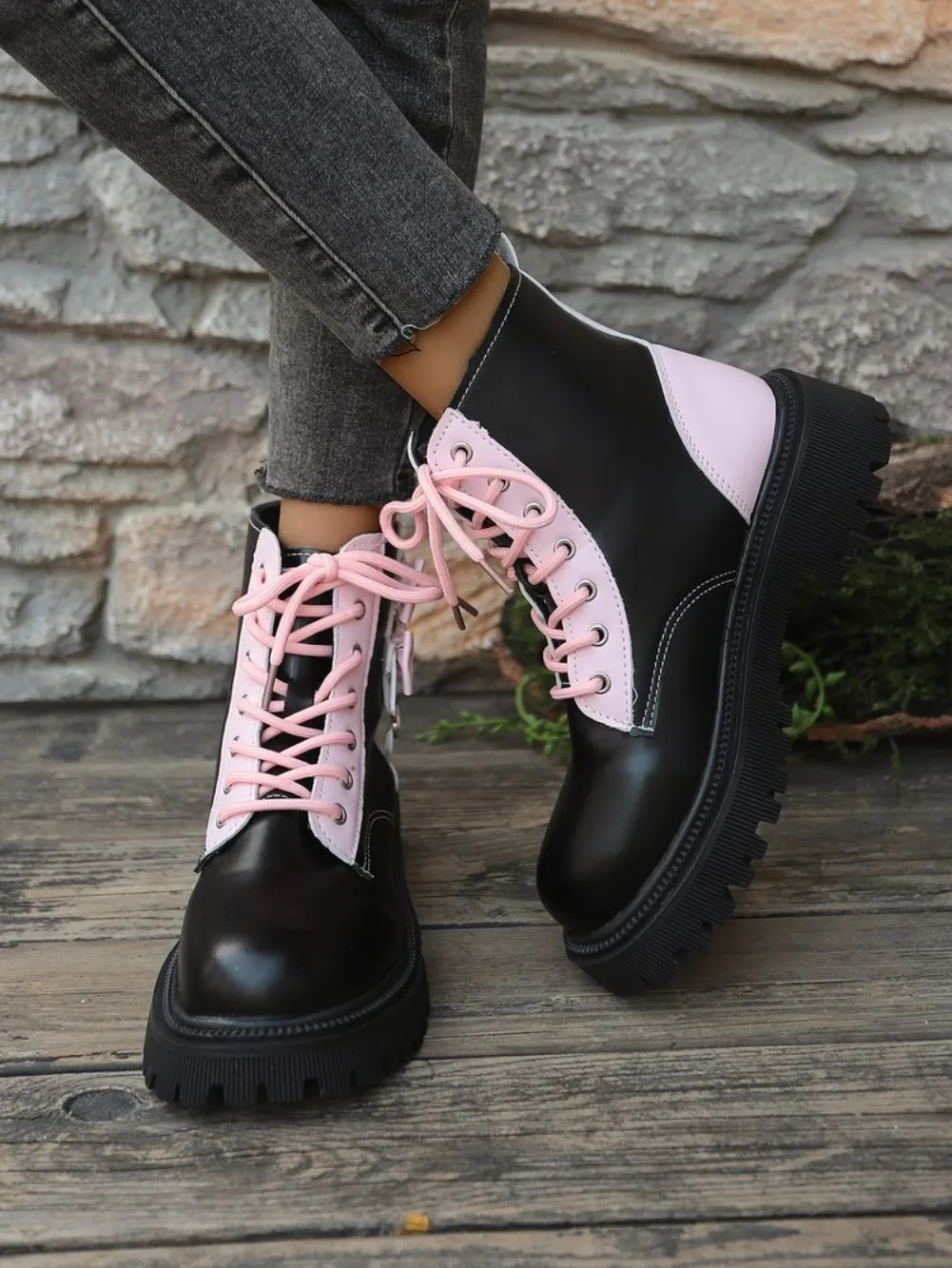 Süße Rosa Schleifenknoten-Stiefeletten in Mischfarben für Damen, Herbst 2026, mit Dicker Sohle, Schnürung, Candy-Punk-Stil und Metalldekoration, Größe 42 – Detail 25