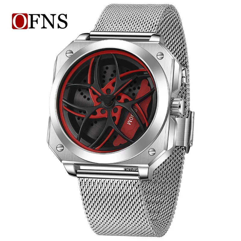 Men Square Skeleton Watch Rotating Dial Quartz Watch Fashion Mesh Strap Waterproof Luxury Casual Wristwatch