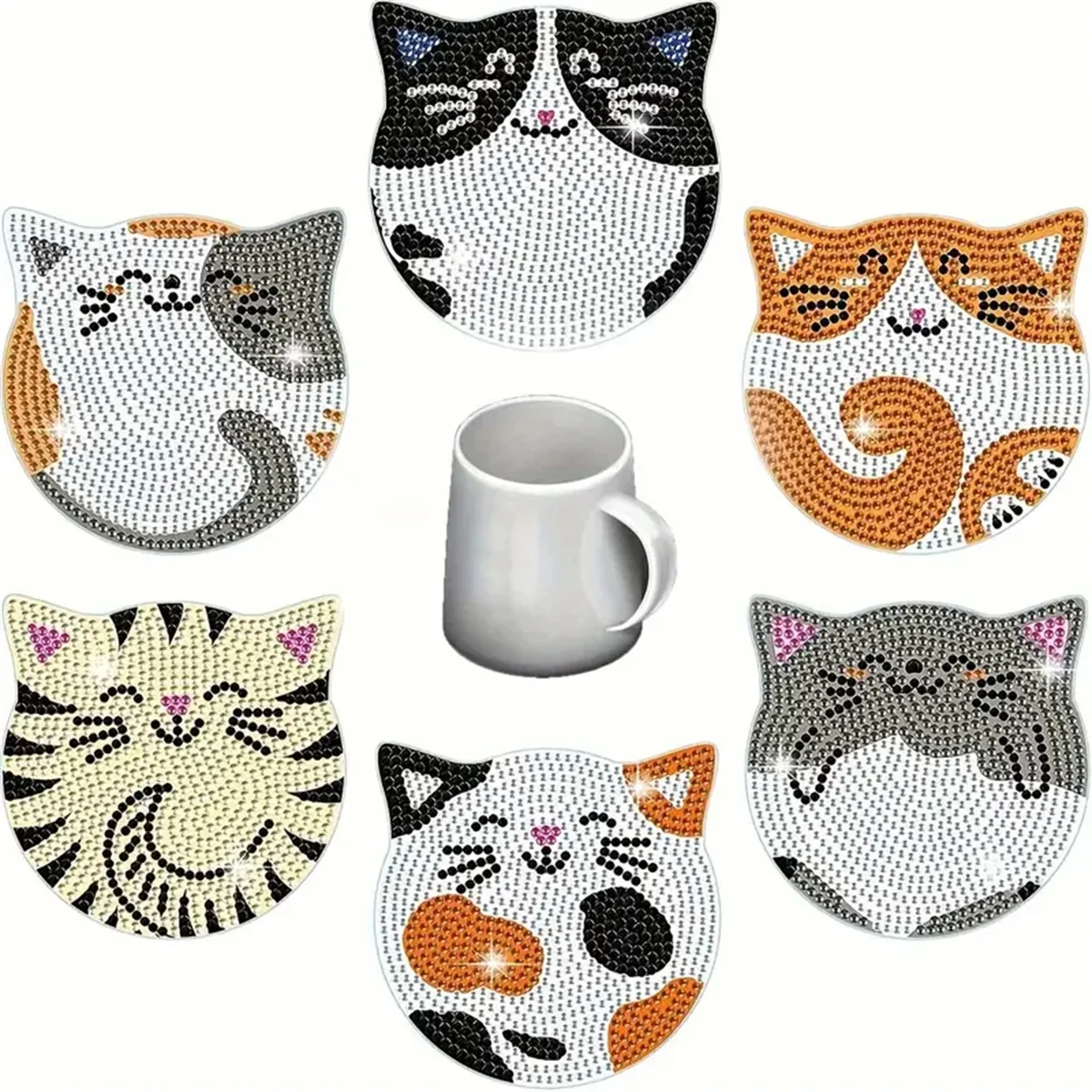 6 Pieces/set DIY Cat Rhinestone Painted Mosaic Drink Coaster, Wooden Non-slip Placemat, No Stand, Home Kitchen Decor