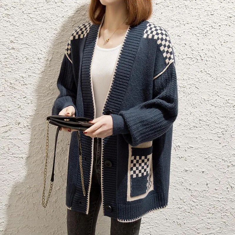 Spring Autumn New Women\'s Knitted Cardigan Coat Oversized Female Jacquard Sweater Outerwear Casual V-neck Sweaters Jacket 6XL