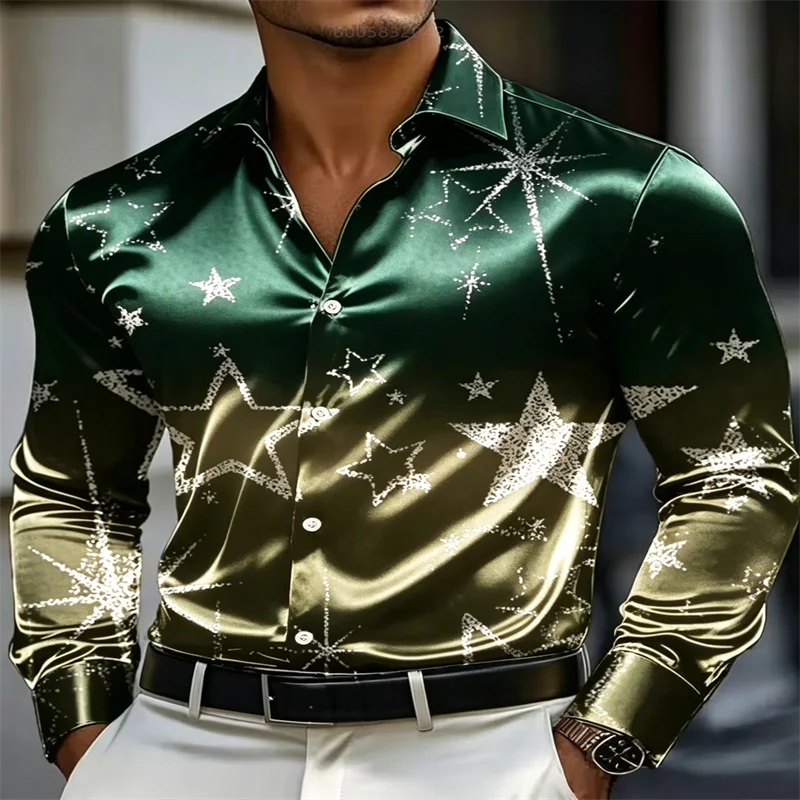 Men Silky Satin Button‑Down Shirt Luxury Golden Star Pattern Long Sleeve Turn‑Down Collar Male Party Business Casual Dress Tops