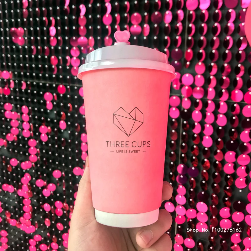 50pcs Net Red Double Wall Thick Paper Cups Pink Disposable Coffee Cups Wedding Birthday Party Favors Packaging Cup with Lid