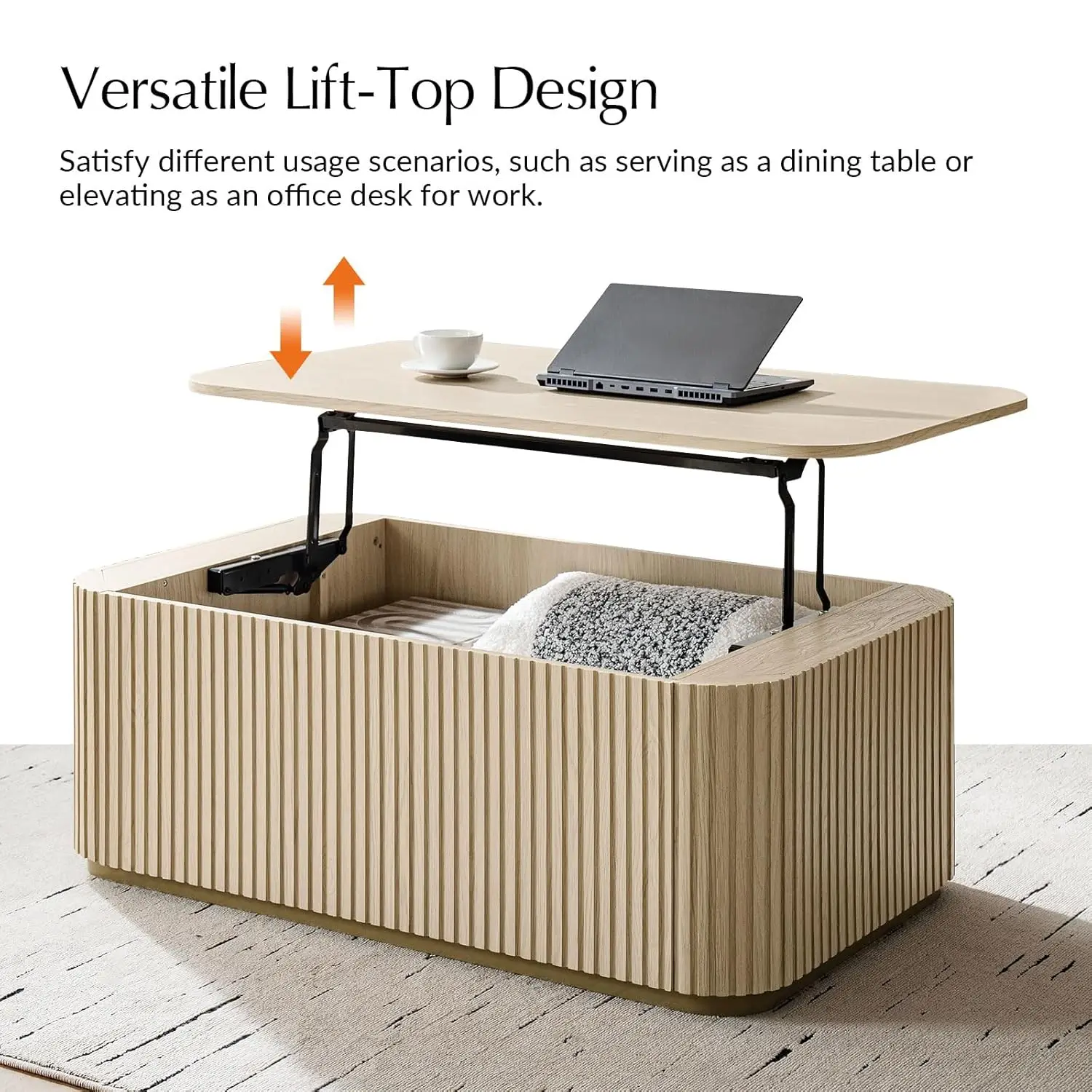 47" Lift Top Coffee Table With Storage, Large Modern Coffee Table With Drawers, Fluted Center Table For Living Room, Apartment,