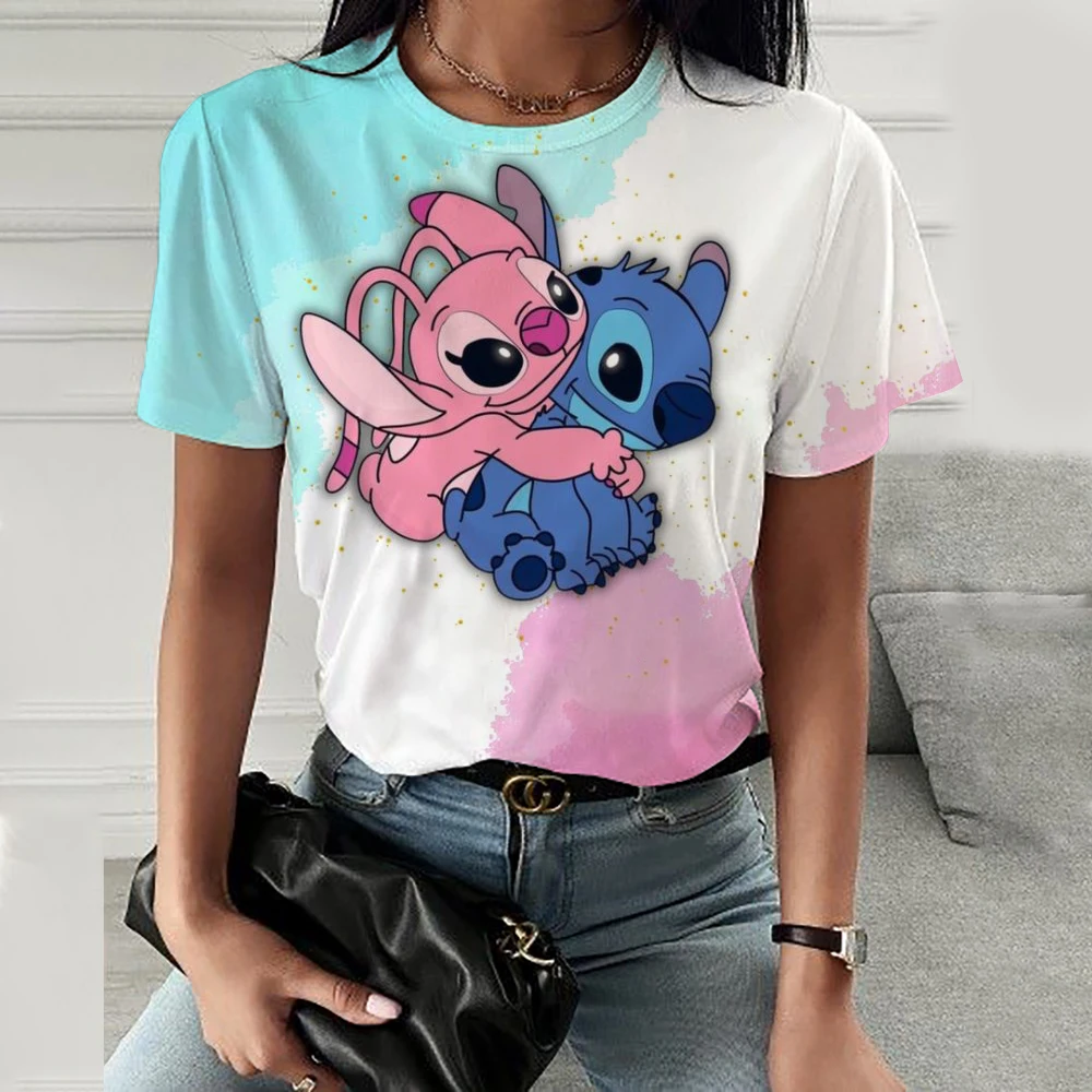 Camiseta informal de verano para mujer, jersey de manga corta con estampado de Stitch de Disney, Top holgado de cuello redondo de gran tamaño, 2024