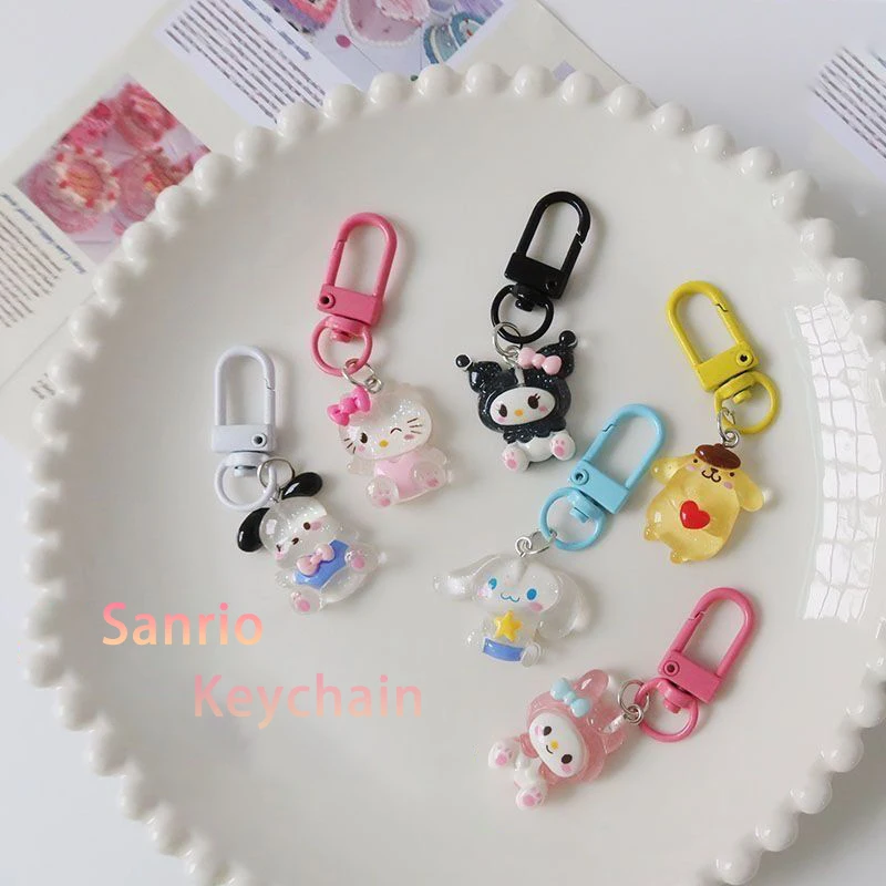 Anime Hello Kitty Transparent Fine Flash Keychain Kuromi Mymelody Bag Pendant Anime Character Pendant Cute Key Accessories