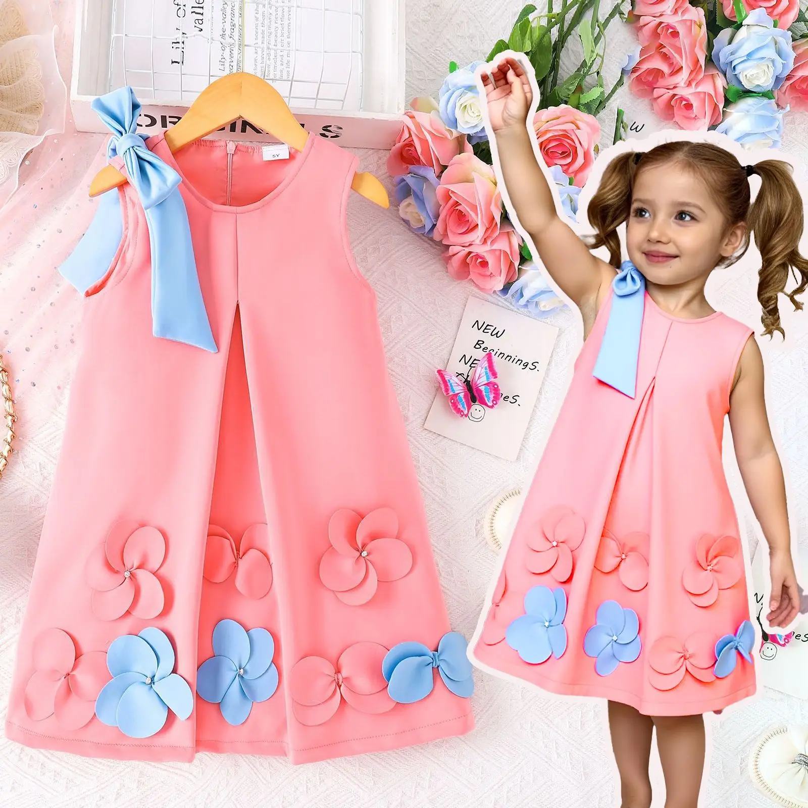 Europe United States style summer girls middle school bow shawl flowers sleeveless three-dimensional A-line dresses