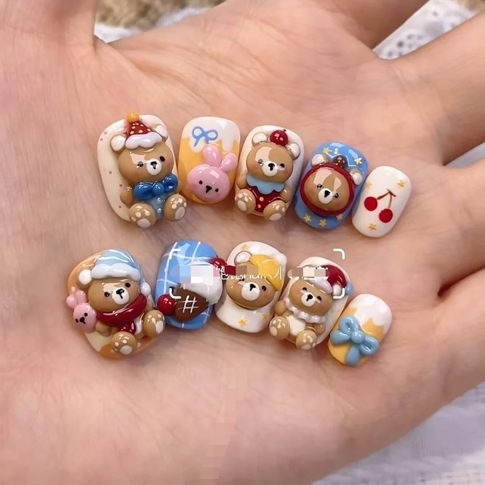 Niedliche Retro Japanische Rilakkuma Rosa Kaninchen Mandel Künstliche Nägel 3D Schleife Stern Katzenpfote Erdbeere Aufklebenägel Handaccessoires – Detail 26