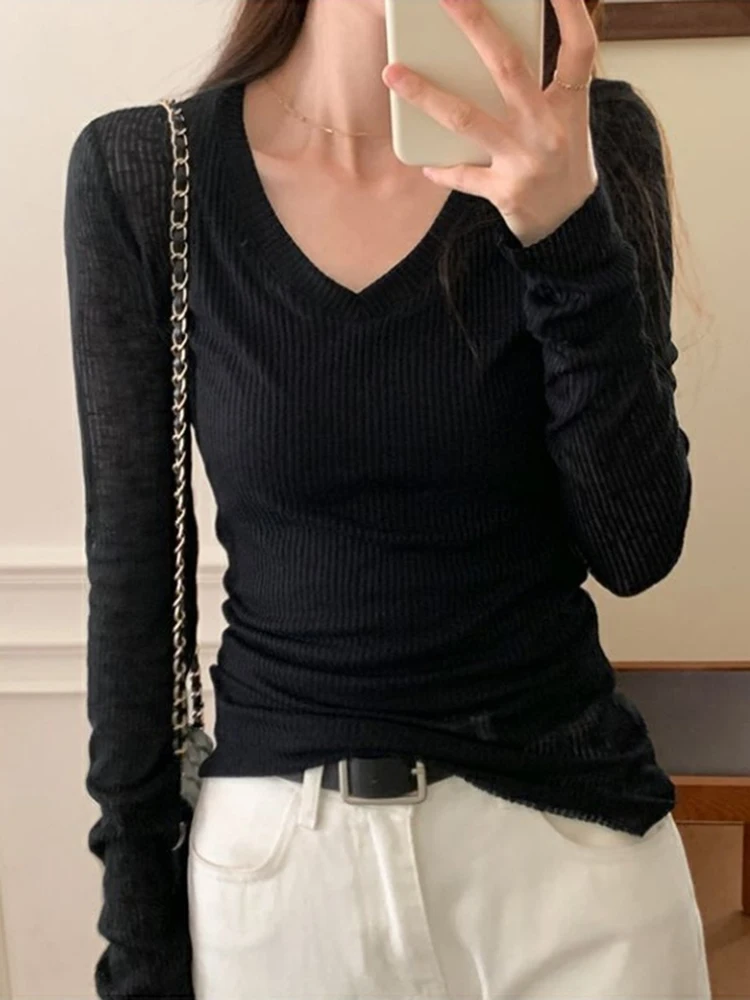 V-neck See-through Tops Basic Knitwear for Women T-shirt Spring and Summer New Slim Sweet Black Bottoming Top