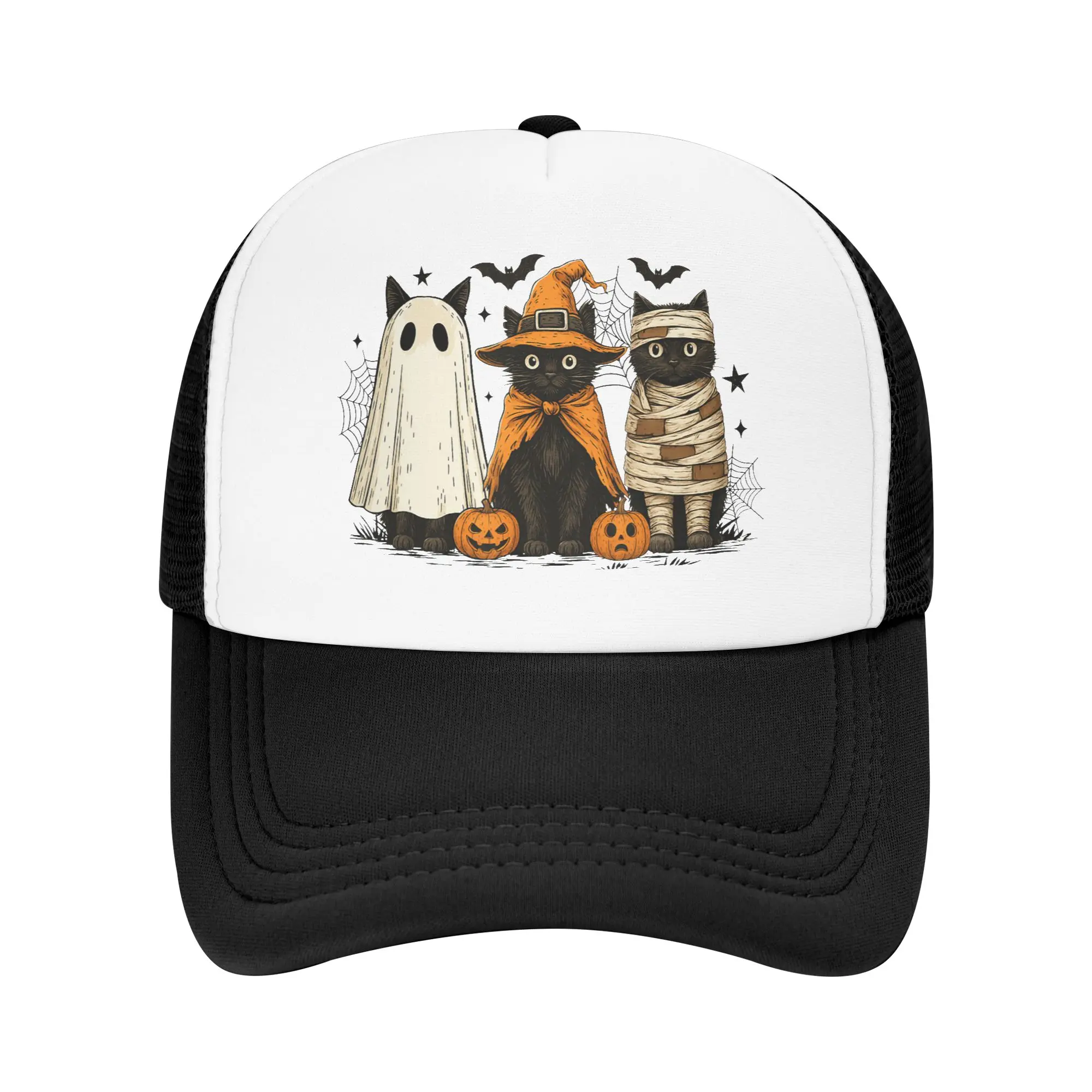 Retro Black Cat Witch Scary Halloween Pumpkin Trucker Caps Unisex  Hat Sun Caps Fishing Hat Adjustable Mesh Baseball Cap Summer