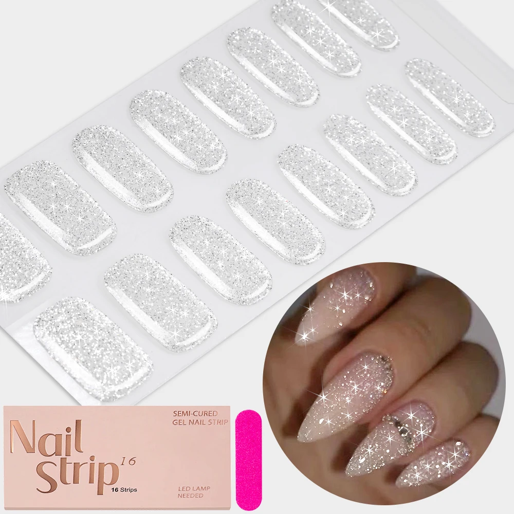 16Tips UV Lamp Needed Clear Glitter Gel Nail Wraps Translucent Shimmer Nail Strips Long Lasting Full Cover DIY Manicure Decals*&