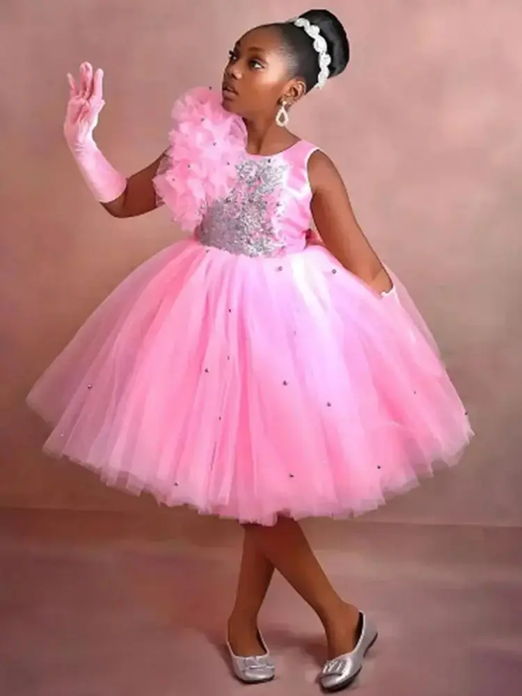 فساتين فتاة الزهور المخصصة لحفلات الزفاف مزينة باللؤلؤ بدون أكمام بطول الركبة للأطفال وحفلات أعياد الميلاد الأولى #4