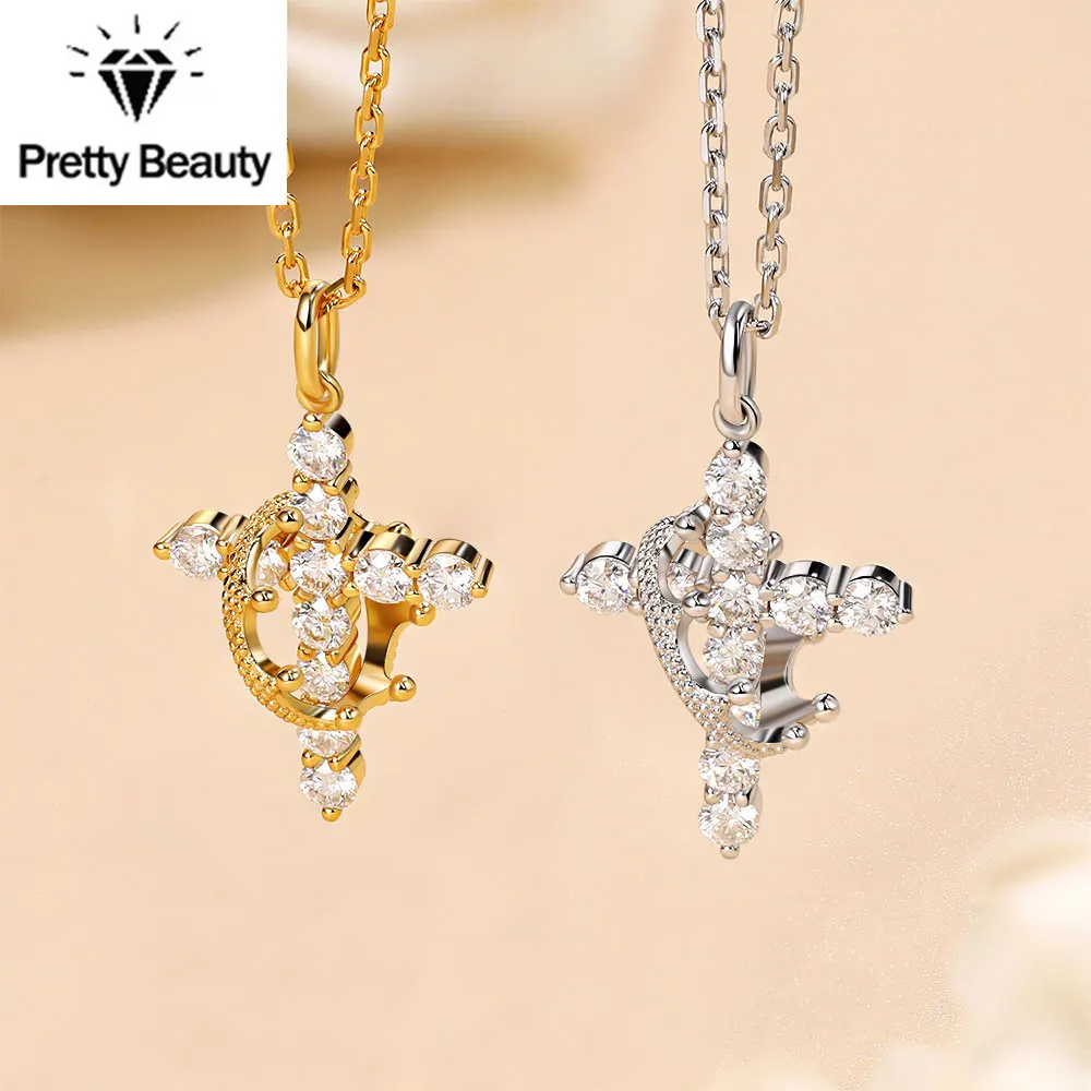 

Изысканное ожерелье Pretty Beauty S925 из стерлингового серебра с муассанитом, вращающийся кулон-крест в форме короны, подарок на день рождения для женщин, ювелирное украшение