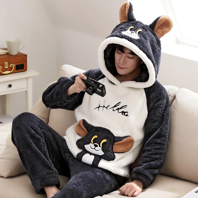 Bonito animal com capuz pijamas para pijamas de inverno masculino define pijamas de manga longa engrossar quente flanela macia sleepwear plus size