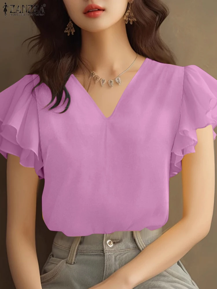 Zomer Kantoor Werk Shirts Elegante Vrouwen Ruches Blouse 2025, ZANZEA Mode V-hals Korte Mouw Vakantie Tops Tuniek Vrouwelijke Blusas