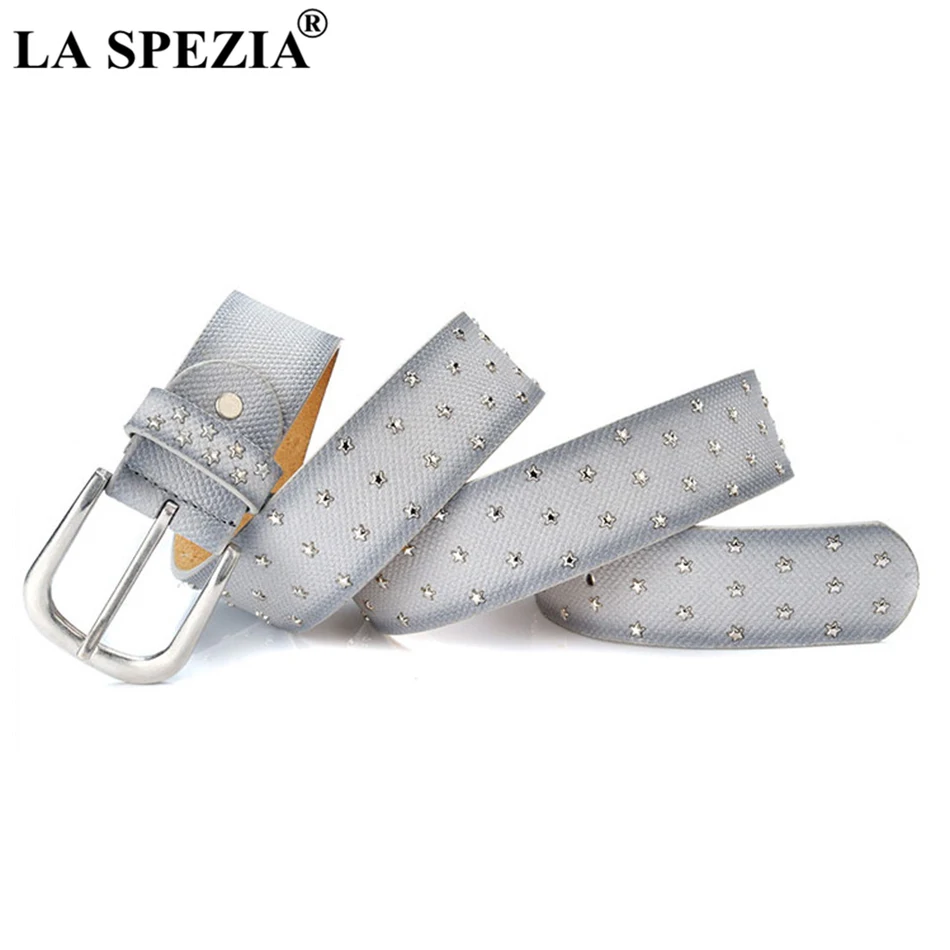 LA SPEZIA Leather Belt Women Rivet Grey Pin Belts Female Star Decorate Fashion Brand Genuine Cow Leather Ladies Belt For Jeans