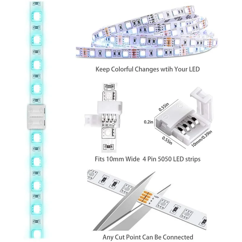 ABRU-3X LED Light Strip Connectors 4 Pin RGB LED Lights Connectors, Gapless, L Shape Connectors For SMD 5050 LED Strip