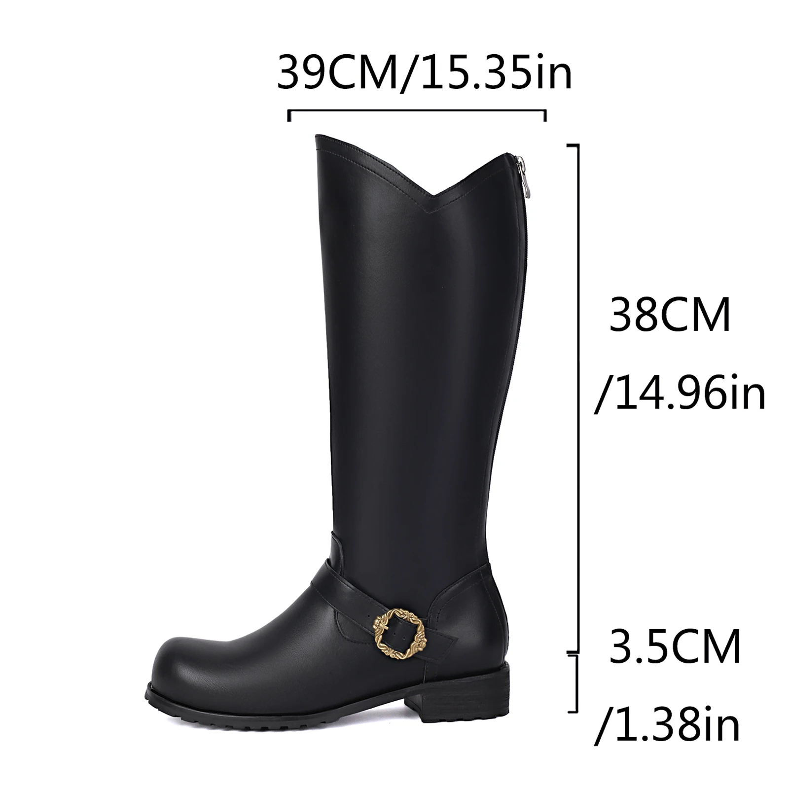 Buckle Knee High Riding Boots Men Back Zipper Western Cowboy Boots Round Toe Low Block Heel Black PU Leather Tall Boots 6