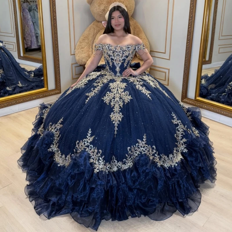

Navy Blue Shiny Ball Gown Quinceanera Dresses Applique Lace Beading Crystal Bow Tiered Tull Corset Off The Shoulder Sweet 16 Dre