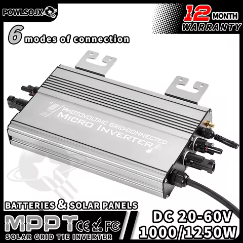 POWLSOJX 180&ndash;265VAC Solar Micro Inverter 1000W/1250W, PV &amp; Battery Simultaneous Use, Grid-Tied with WiFi &amp; IP65 Waterproof