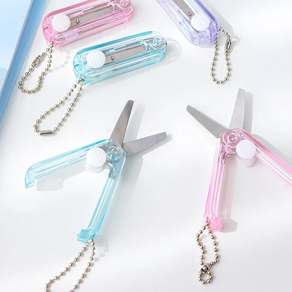 Mini Clear Scissor Portable Fold Type Transparent Color Safe Cutter Stainless Steel Blade Utility Knife for Paper F7483