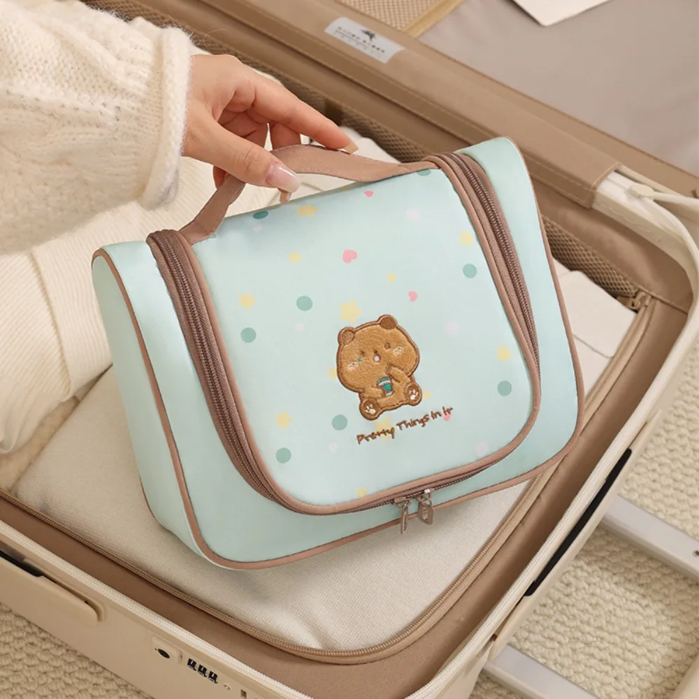 Cartoon Embroidery Cosmetic Bag Hanging Large Capacity Travel Toiletry Bag with Separate Compartments Portable Makeup Organizer